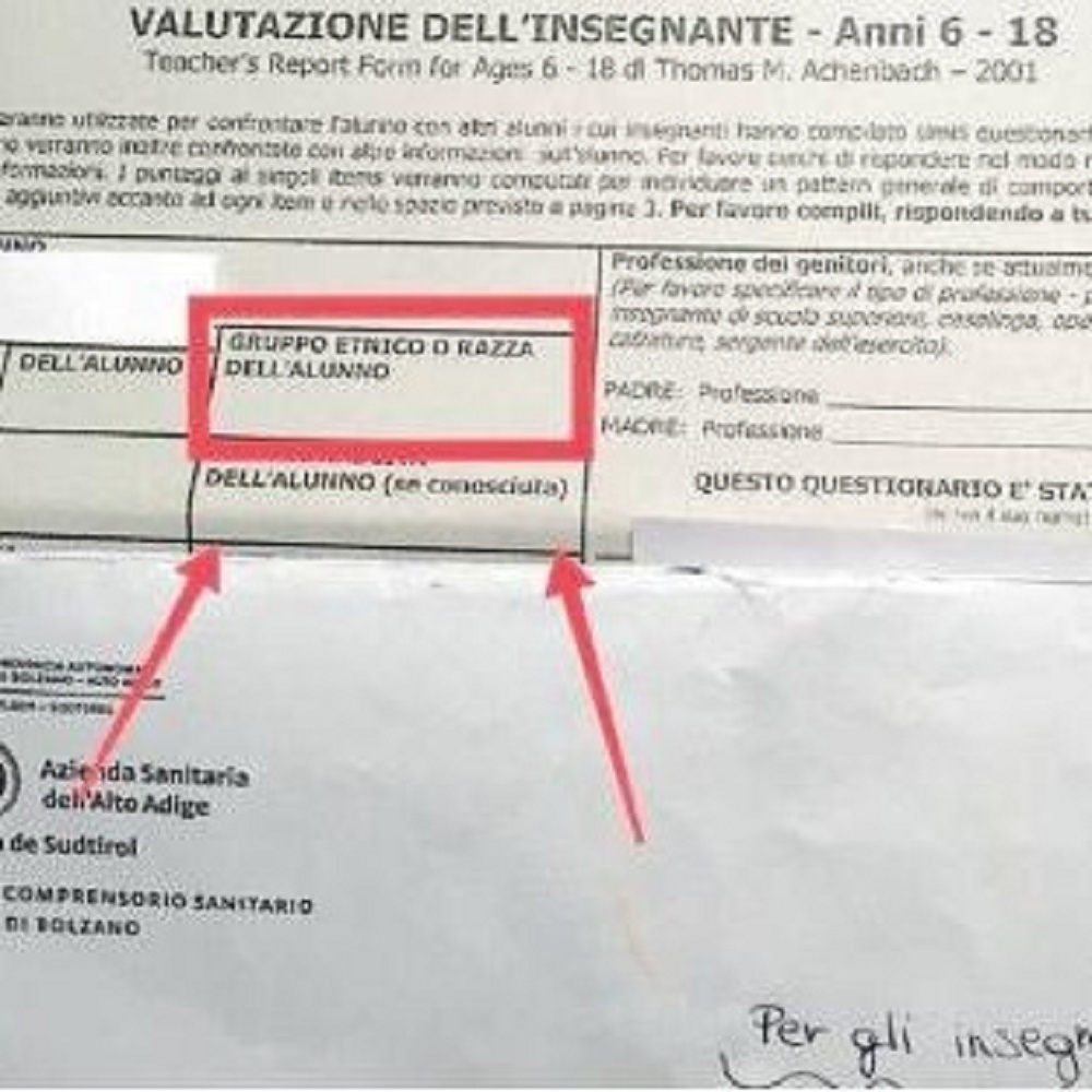 Bolzano, questionario dell'Asl chiede razza dell'alunno