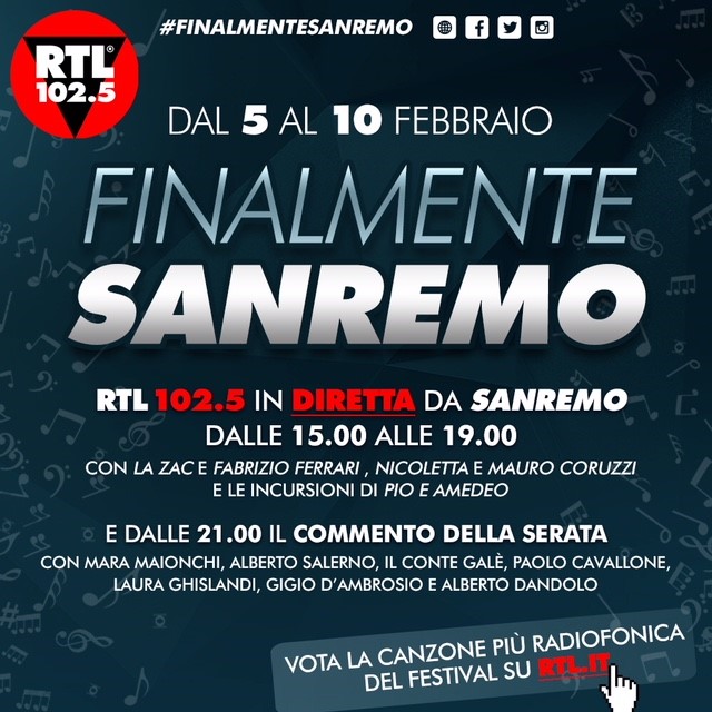 Finalmente Sanremo, su RTL 102.5 si vota il brano radiofonico