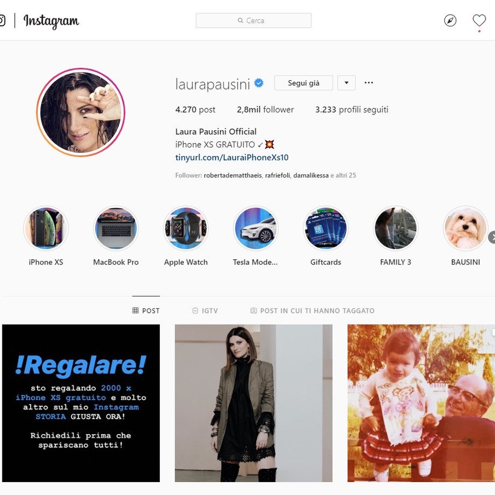 Laura Pausini, hackerato il profilo Instagram