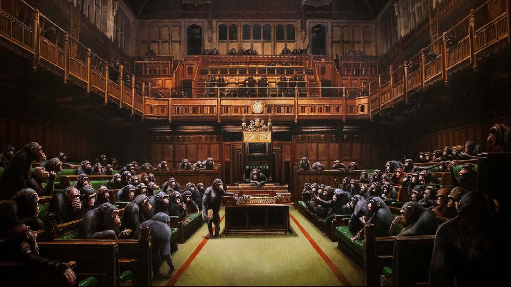 Banksy, Parlamento di scimpanzé va all'asta oggi a Londra