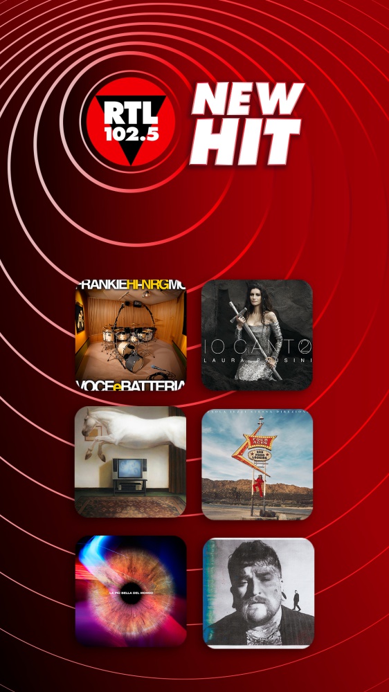 New Hit di RTL 102.5: da questa settimana in rotazione “Pedala e batteria” di Frankie hi-nrg mc con Jovanotti, “Immensamente” di Laura Pausini, “Forte” di nayt, “Stessa direzione” di Paola Iezzi, “La più bella del mondo” di Rocco Hunt e “Mr. Know It