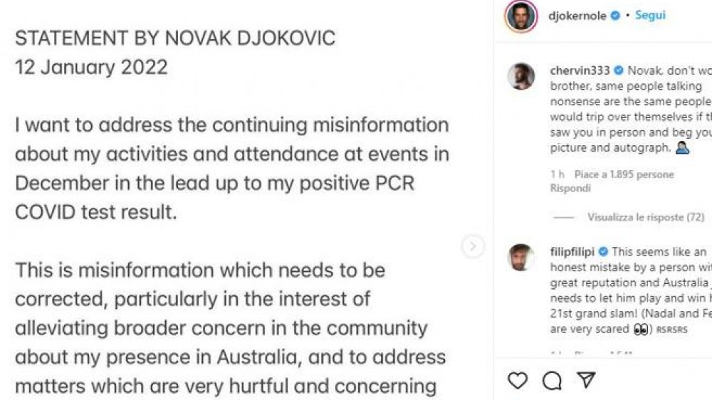 Novak Djokovic sui social attacca la "disinformazione" dei media ma ammette alcuni errori