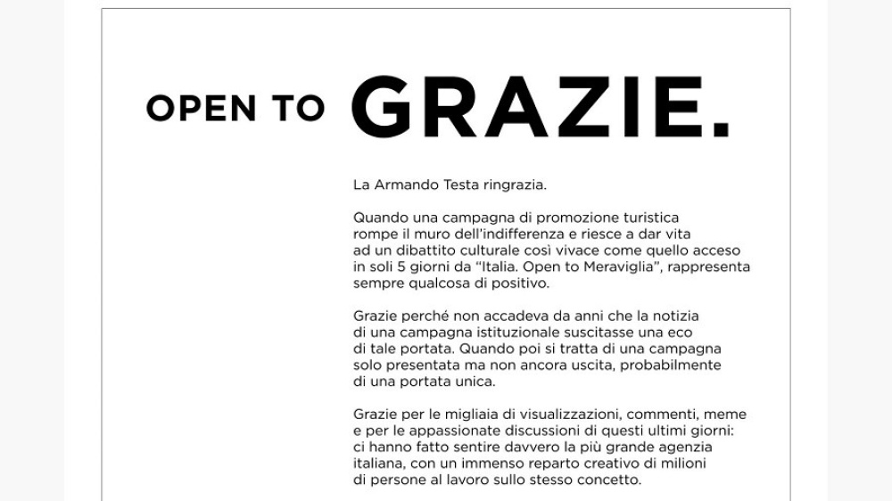 Open to Meraviglia, l’agenzia Armando Testa ringrazia: “Ci avete fatto sentire milionari”