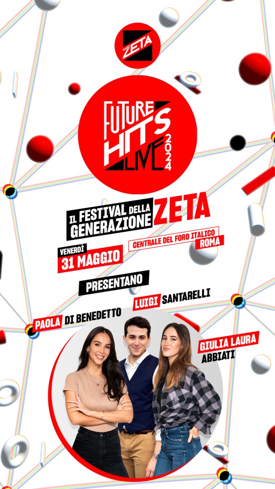 Radio Zeta Future Hits Live 2024, i conduttori sono Paola di Benedetto, Giulia Laura Abbiati e Luigi Santarelli - 