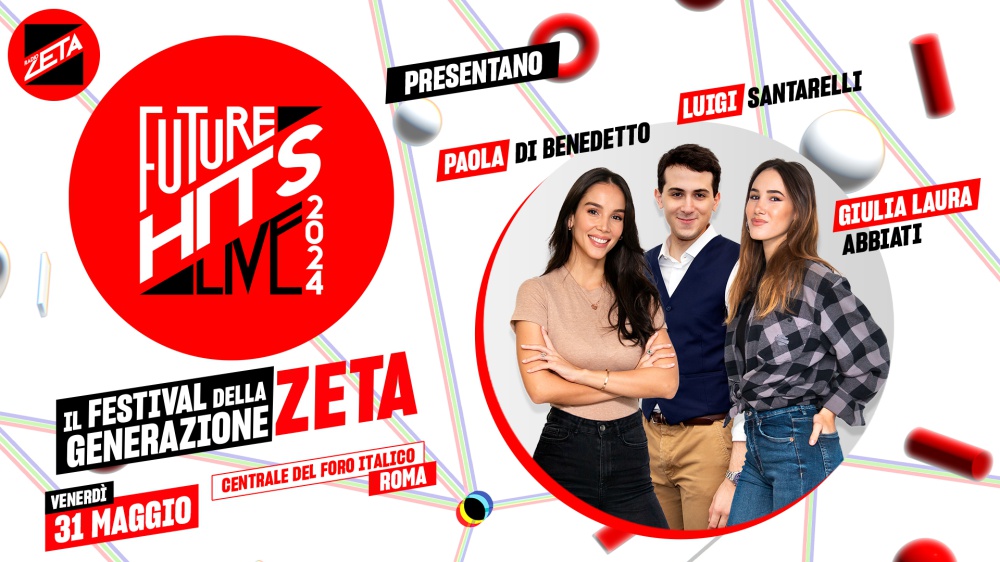 Radio Zeta Future Hits Live 2024, i conduttori sono Paola di Benedetto, Giulia Laura Abbiati e Luigi Santarelli