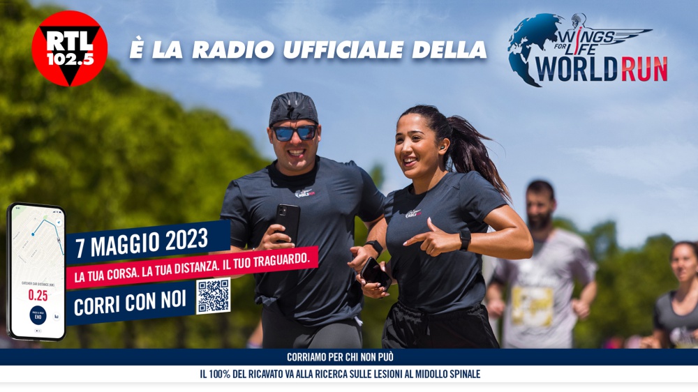 RTL 102.5 è la radio ufficiale di "Wings For life World Run" e regala ai suoi ascoltatori la possibilità di partecipare alla gara benefica