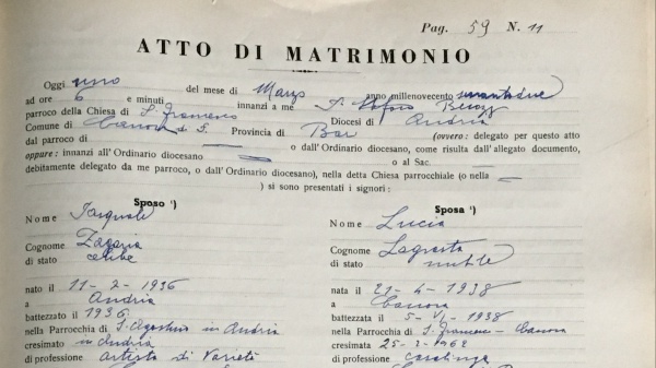 L'atto di matrimonio di Lino Banfi e sua moglie Lucia, oggi avrebbero festeggiato 61 anni di matrimonio