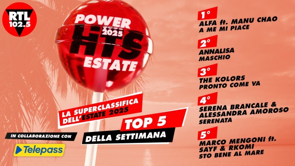 RTL 102.5 POWER HITS ESTATE 2025: “a me mi piace” di Alfa (ft. Manu Chao) è in testa alla classifica della settima settimana