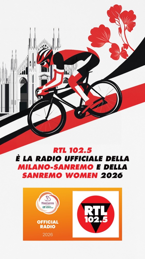  RTL 102.5 radio ufficiale della Milano-Sanremo e della Sanremo Women 2026 - Sabato 21 marzo RTL 102.5 racconterà entrambe le gare con una copertura completa, attraverso i suoi programmi, i notiziari e i canali social, offrendo agli ascoltatori ogni momento e retroscena delle competizioni