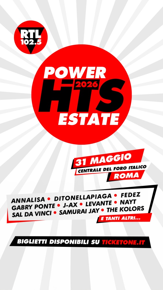 RTL 102.5 Power Hits Estate 2026: Annalisa, Ditonellapiaga, Fedez, Gabry Ponte, J-Ax, Levante, Nayt, Sal Da Vinci, Samurai Jay e The Kolors tra i primi nomi annunciati - Domenica 31 maggio al Centrale del Foro Italico di Roma il primo grande evento che anticipa l’estate! 