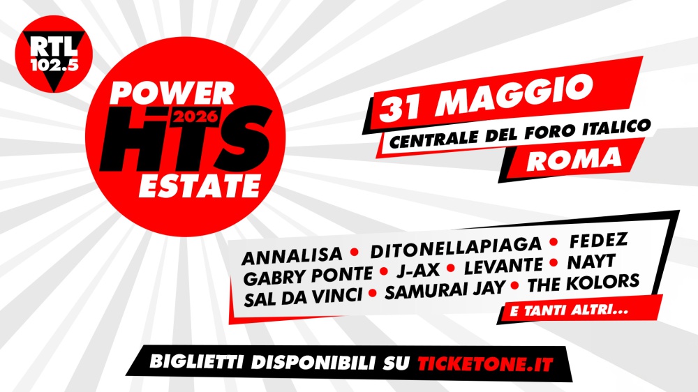 RTL 102.5 Power Hits Estate 2026: Annalisa, Ditonellapiaga, Fedez, Gabry Ponte, J-Ax, Levante, Nayt, Sal Da Vinci, Samurai Jay e The Kolors tra i primi nomi annunciati - Domenica 31 maggio al Centrale del Foro Italico di Roma il primo grande evento che anticipa l’estate! 