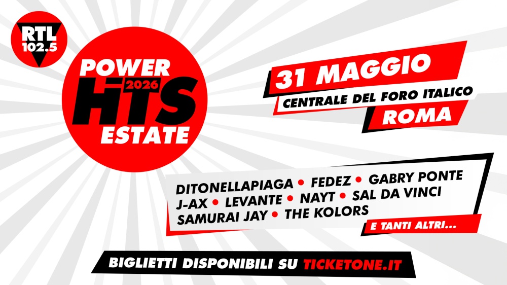 RTL 102.5 Power Hits Estate 2026: Ditonellapiaga, Fedez, Gabry Ponte, J-Ax, Levante, Nayt, Sal Da Vinci, Samurai Jay e The Kolors tra i primi nomi annunciati - Domenica 31 maggio al Centrale del Foro Italico di Roma il primo grande evento che anticipa l’estate! 