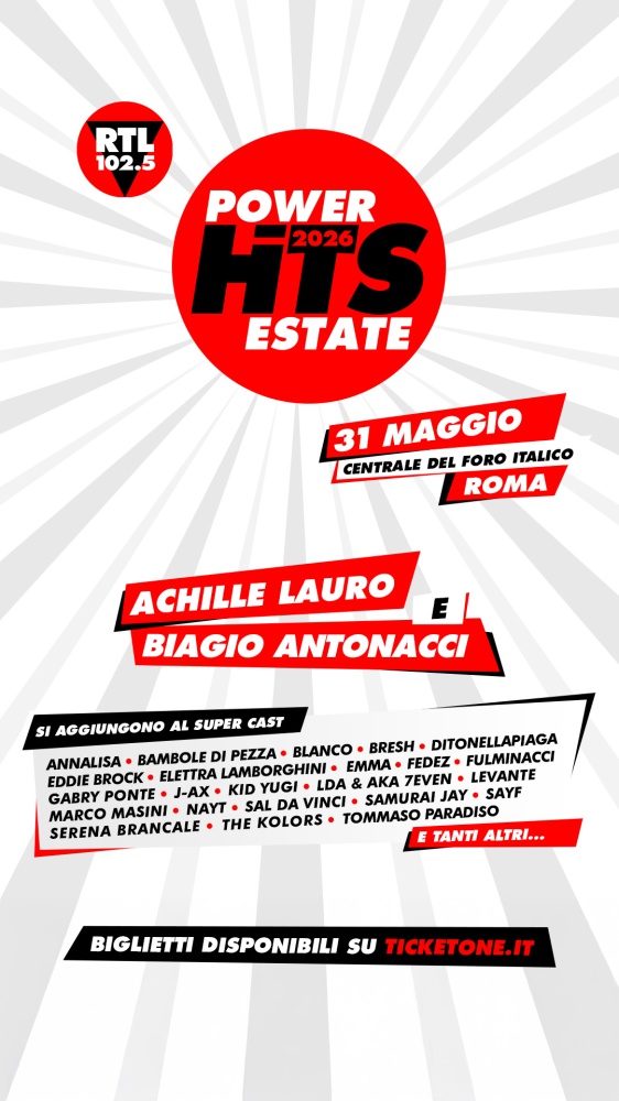 RTL 102.5 Power Hits Estate 2026, due ospiti speciali si aggiungono al cast: Achille Lauro e Biagio Antonacci - Domenica 31 maggio al Centrale del Foro Italico di Roma il primo grande evento che anticipa l’estate! 