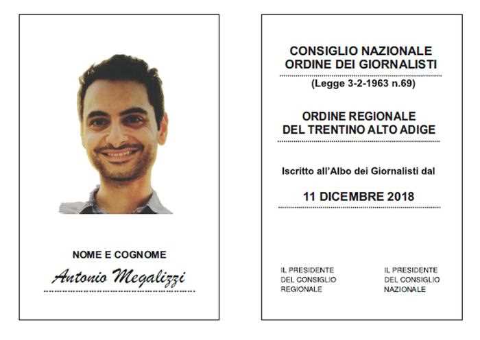 Ad Antonio Megalizzi la tessera dell' Ordine dei Giornalisti
