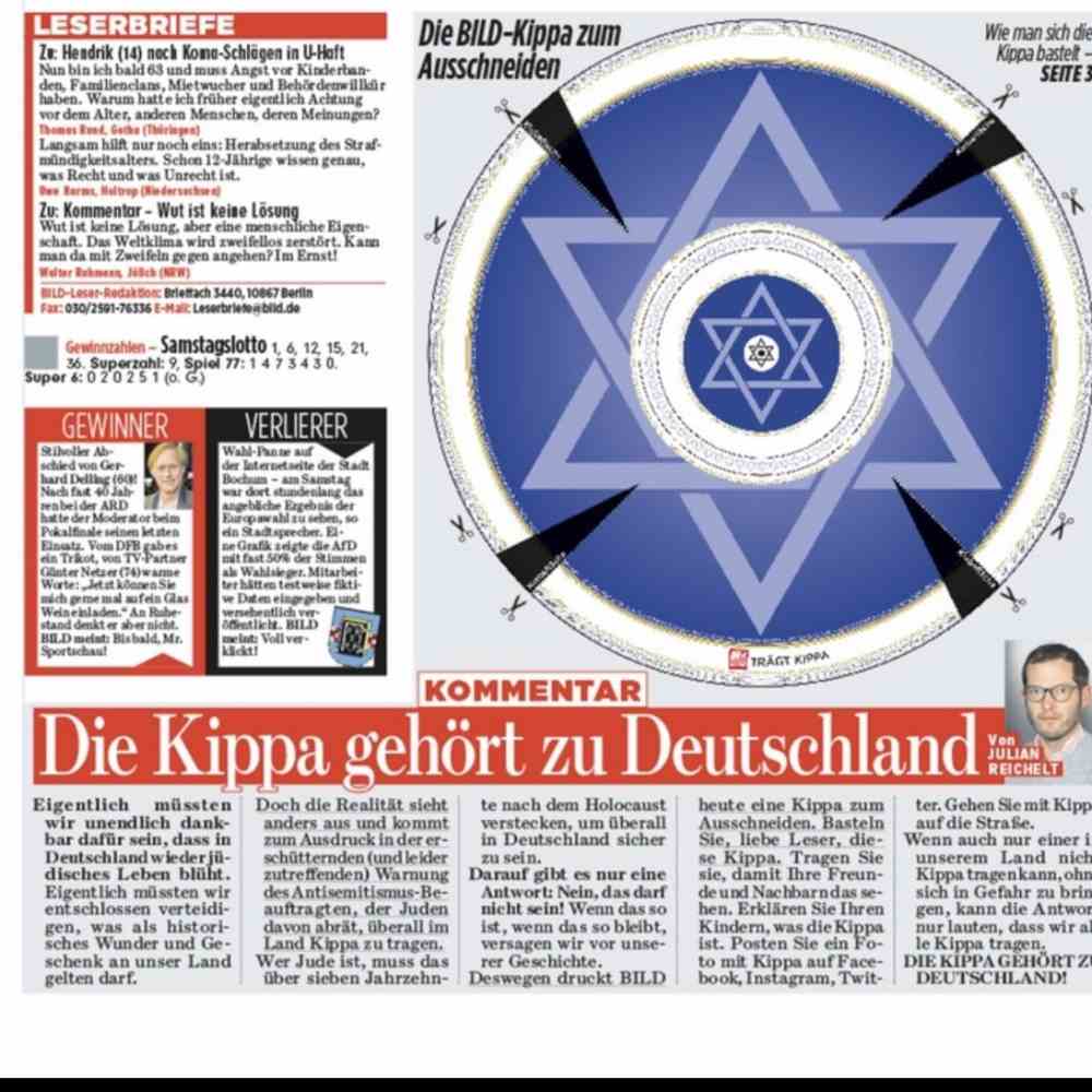Germania, su Bild kippah da ritagliare, indossiamola tutti