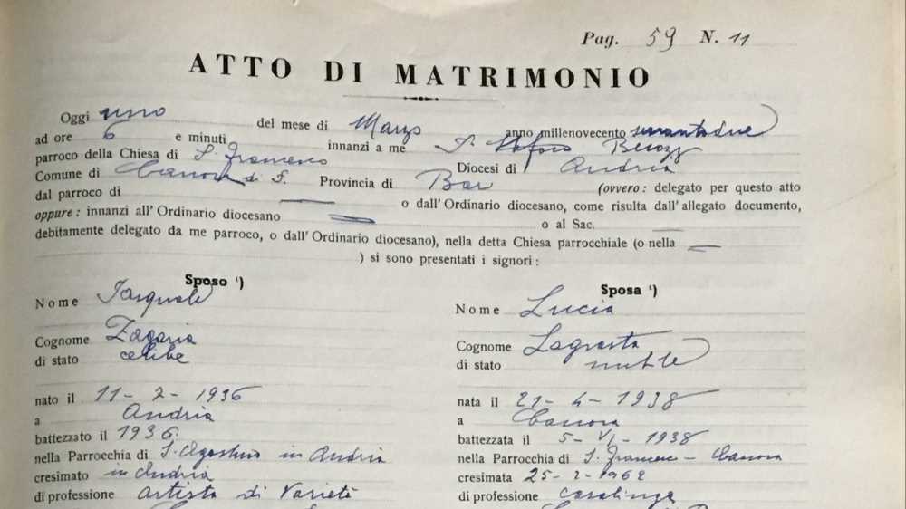 L'atto di matrimonio di Lino Banfi e sua moglie Lucia, oggi avrebbero festeggiato 61 anni di matrimonio