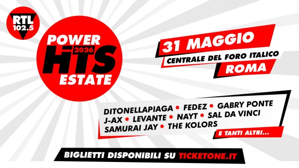 RTL 102.5 Power Hits Estate 2026: Ditonellapiaga, Fedez, Gabry Ponte, J-Ax, Levante, Nayt, Sal Da Vinci, Samurai Jay e The Kolors tra i primi nomi annunciati